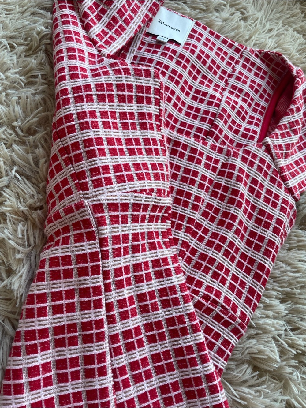 Reformation Red and White Check Square-Neck Mini Dress - Picture 3 of 4